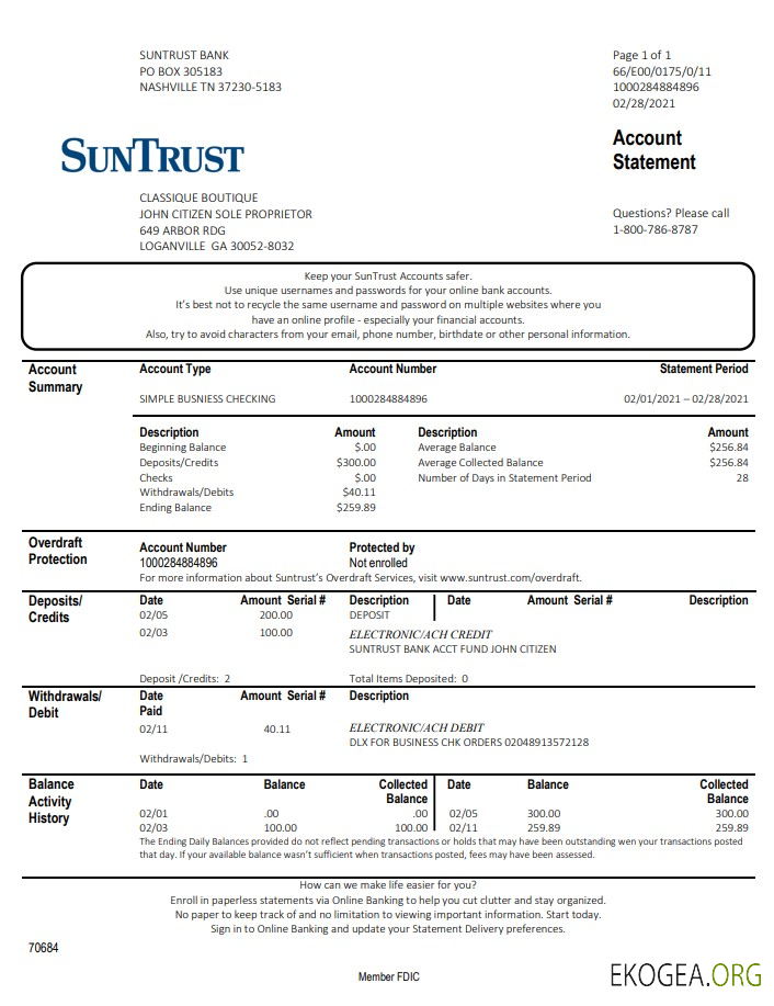 Modèle de relevé bancaire USA Georgia SunTrust au format Word et PDF (pour propriétaire unique)
